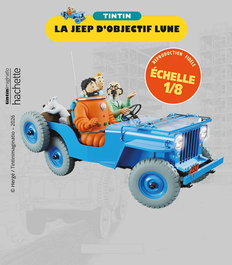 La Jeep d'Objectif Lune - Revivez la plus belle aventure Tintin avec la Jeep culte de l’album Objectif Lune. Un modèle exceptionnel, déjà monté et prêt à être exposé chez vous ! Exemplaires limités.